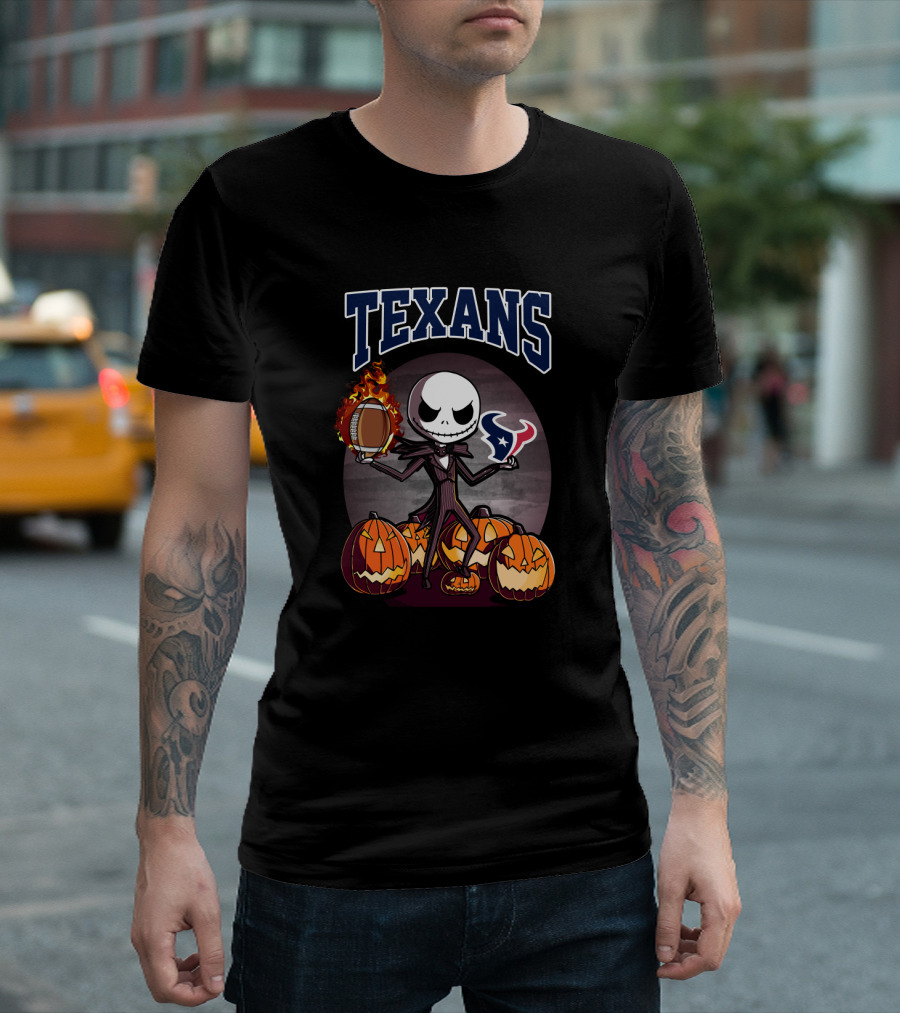 Jack Skellington Halloween Texans Football Theme with Pumpkins T-Shirt