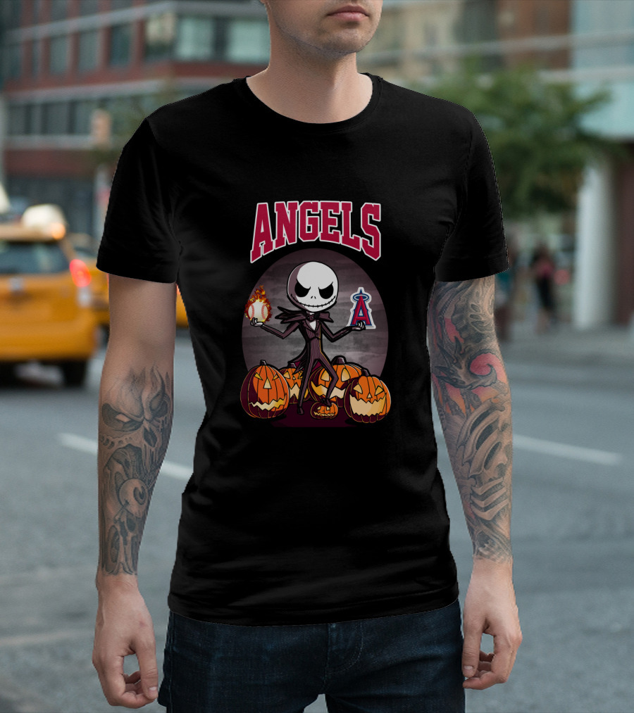 Jack Skellington Halloween Los Angeles Angels Pumpkins With Baseball And Halo T-Shirt