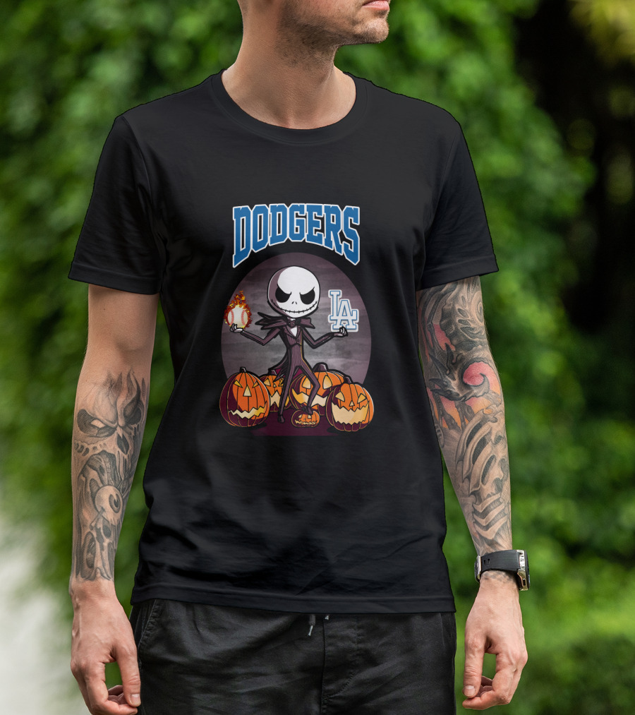 Dodgers Jack Skellington Halloween With LA Logo And Pumpkins T-Shirt
