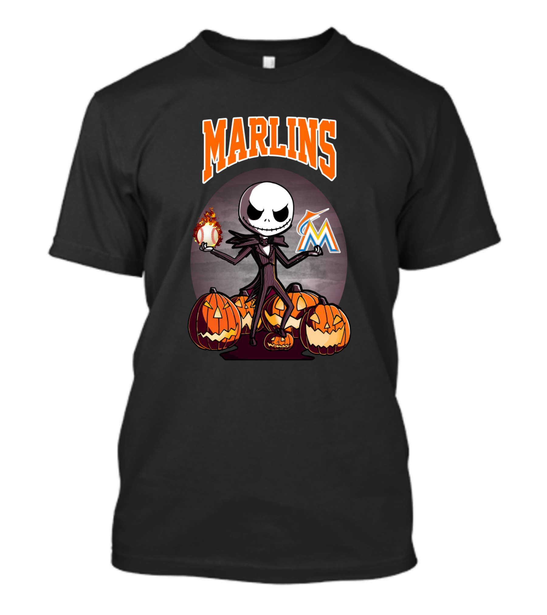 Marlins Jack Skellington With Pumpkins And Miami Baseball T-Shirt