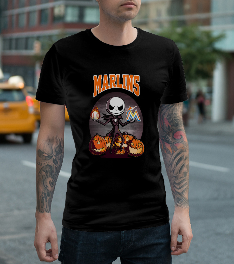 Marlins Jack Skellington with Pumpkins and Miami Baseball T-Shirt