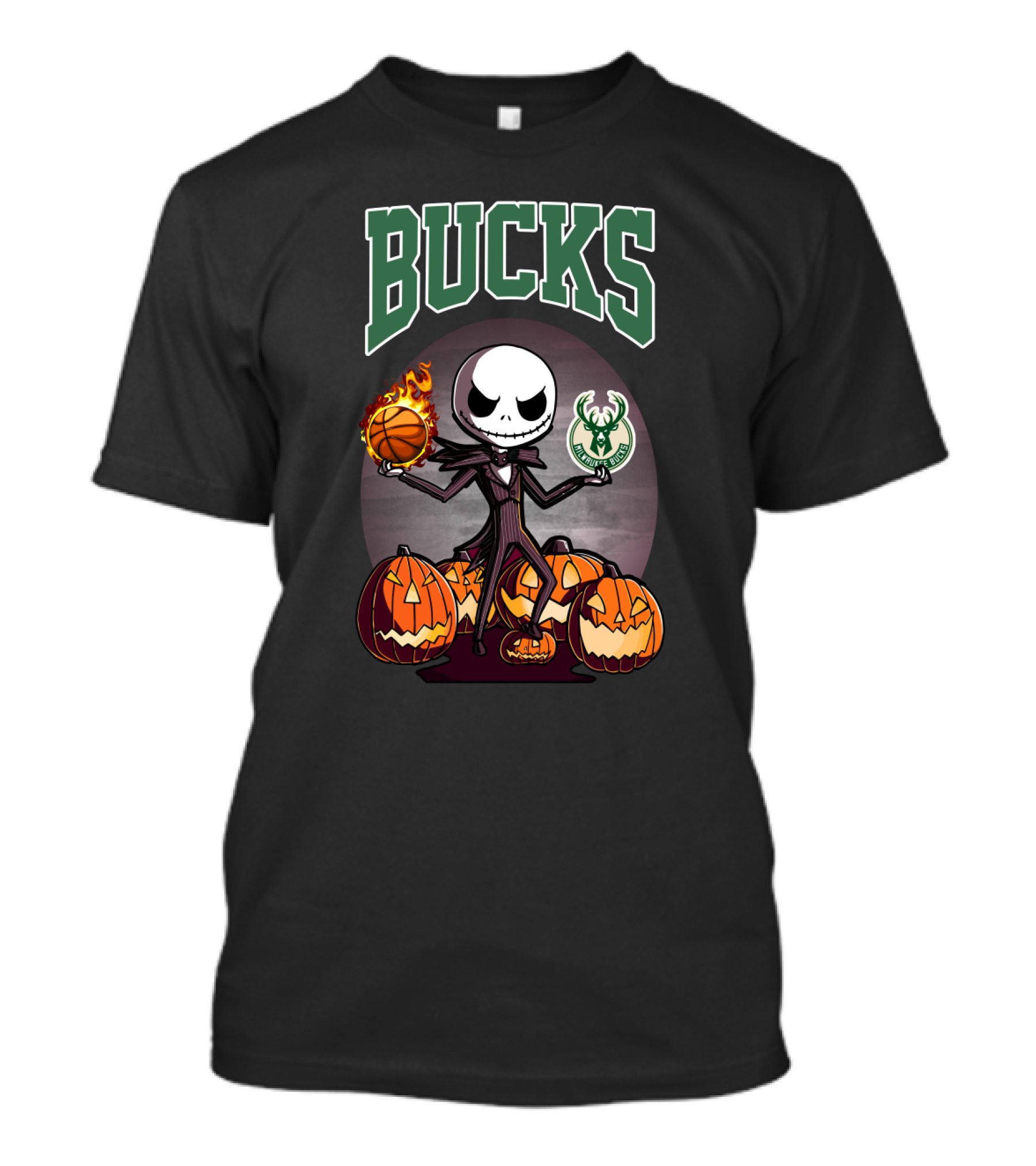 Bucks Jack Skellington Holding Flaming Basketball And Milwaukee Bucks Logo With Halloween Pumpkins T-Shirt