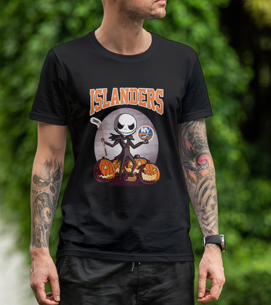 Jack Skellington Halloween New York Islanders Hockey Pumpkins T-Shirt