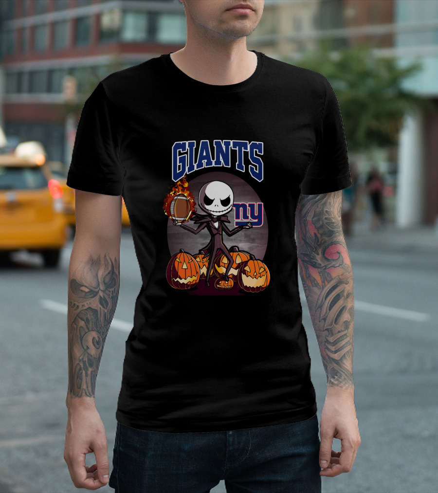 New York Giants Halloween Jack Skellington with Pumpkins and Flaming Football T-Shirt