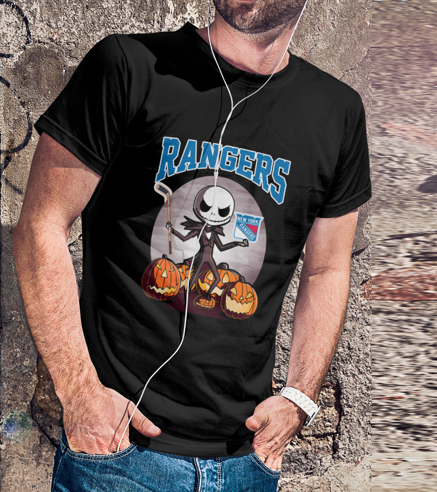New York Rangers Jack Skellington Halloween Holding Hockey Stick With Pumpkins T-Shirt