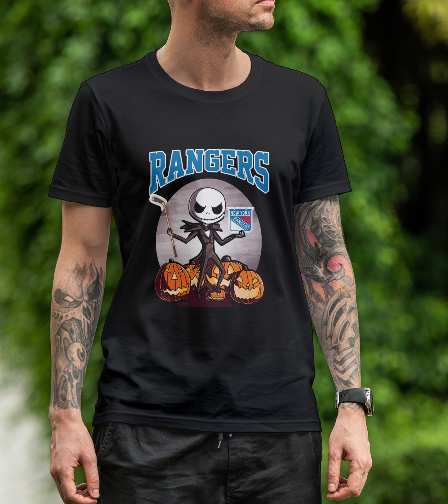 New York Rangers Jack Skellington Halloween Holding Hockey Stick With Pumpkins T-Shirt
