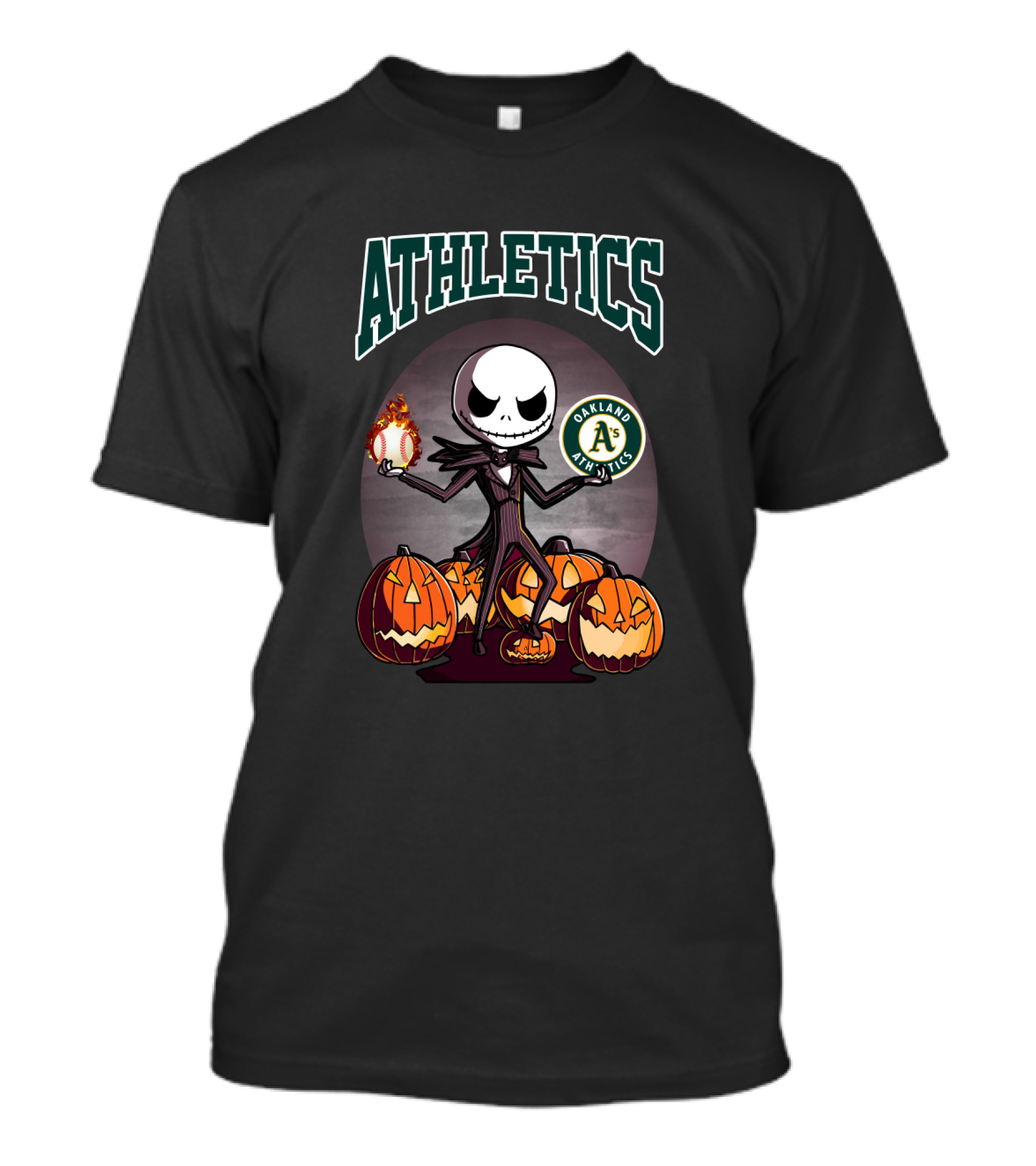 Athletics Jack Skellington With Oakland A's Logo And Halloween Pumpkins T-Shirt