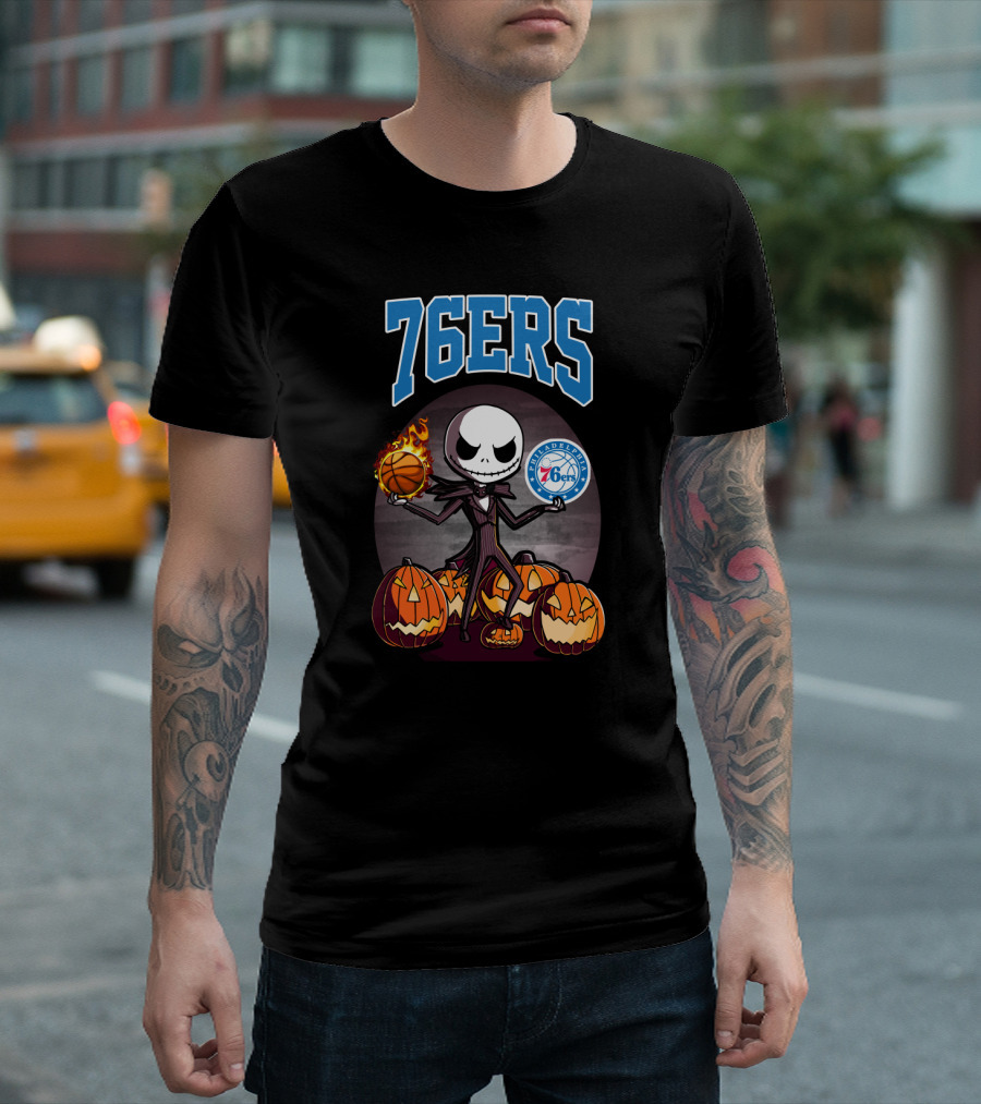 Philadelphia 76ers Jack Skellington Halloween Basketball Pumpkins T-Shirt