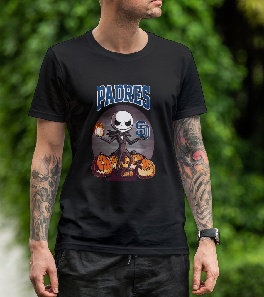 Jack Skellington With San Diego Padres Baseball And Halloween Pumpkins T-Shirt