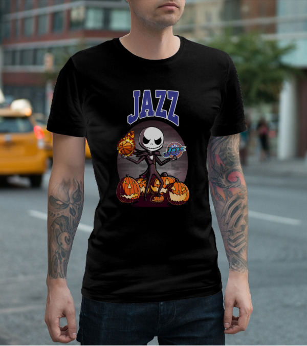 Jack Skellington Halloween Utah Jazz Logo Pumpkins Basketball Flamethrower Dual Image T-Shirt