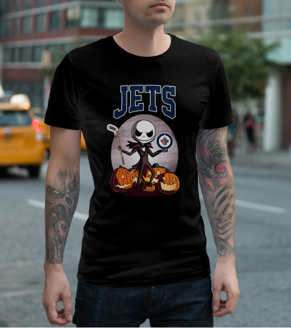 Jack Skellington Halloween Winnipeg Jets Hockey And Pumpkins T-Shirt