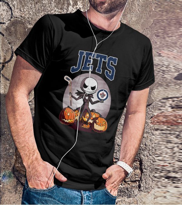 Jack Skellington Halloween Winnipeg Jets Hockey And Pumpkins T-Shirt