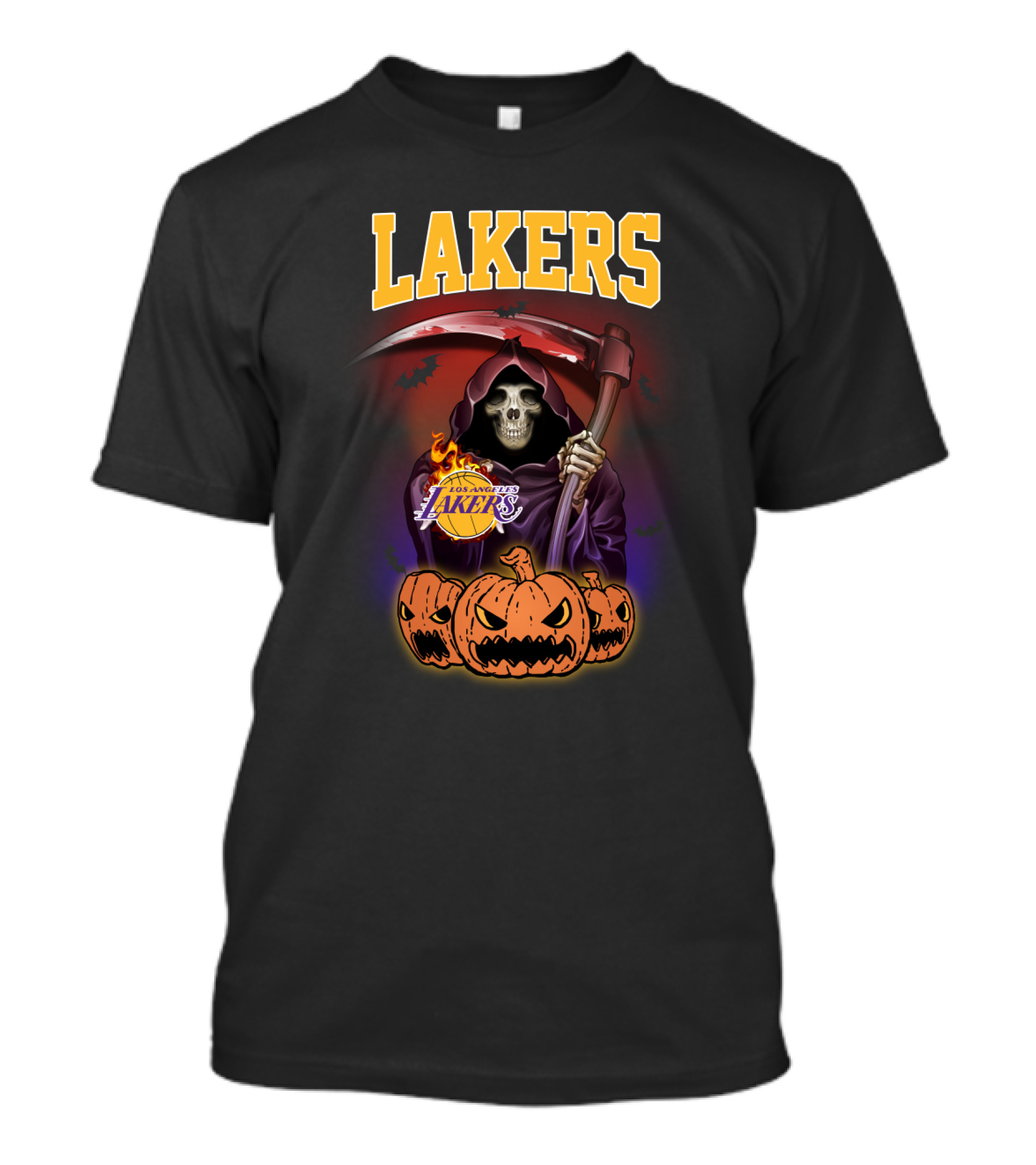 Los Angeles Lakers Reaper Skeleton With Pumpkins Halloween T-Shirt