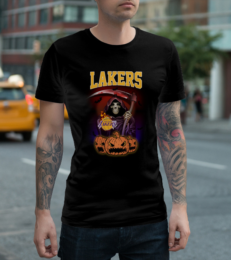 Los Angeles Lakers Reaper Skeleton with Pumpkins Halloween T-Shirt