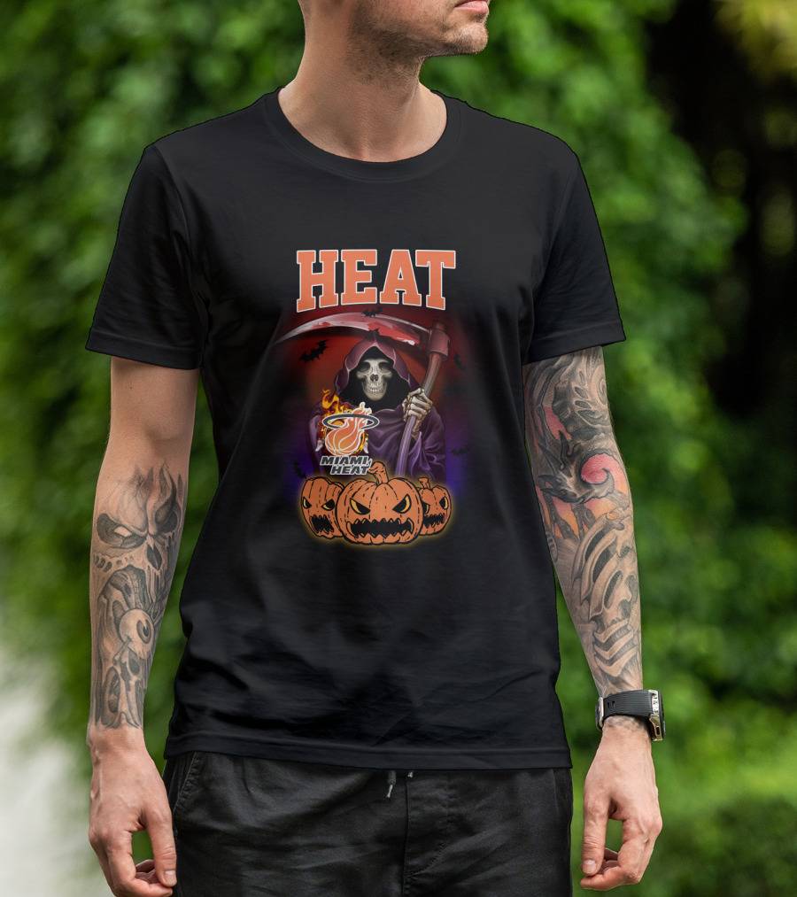 Miami Heat Reaper Halloween Theme With Pumpkins And Grim Scythe T-Shirt