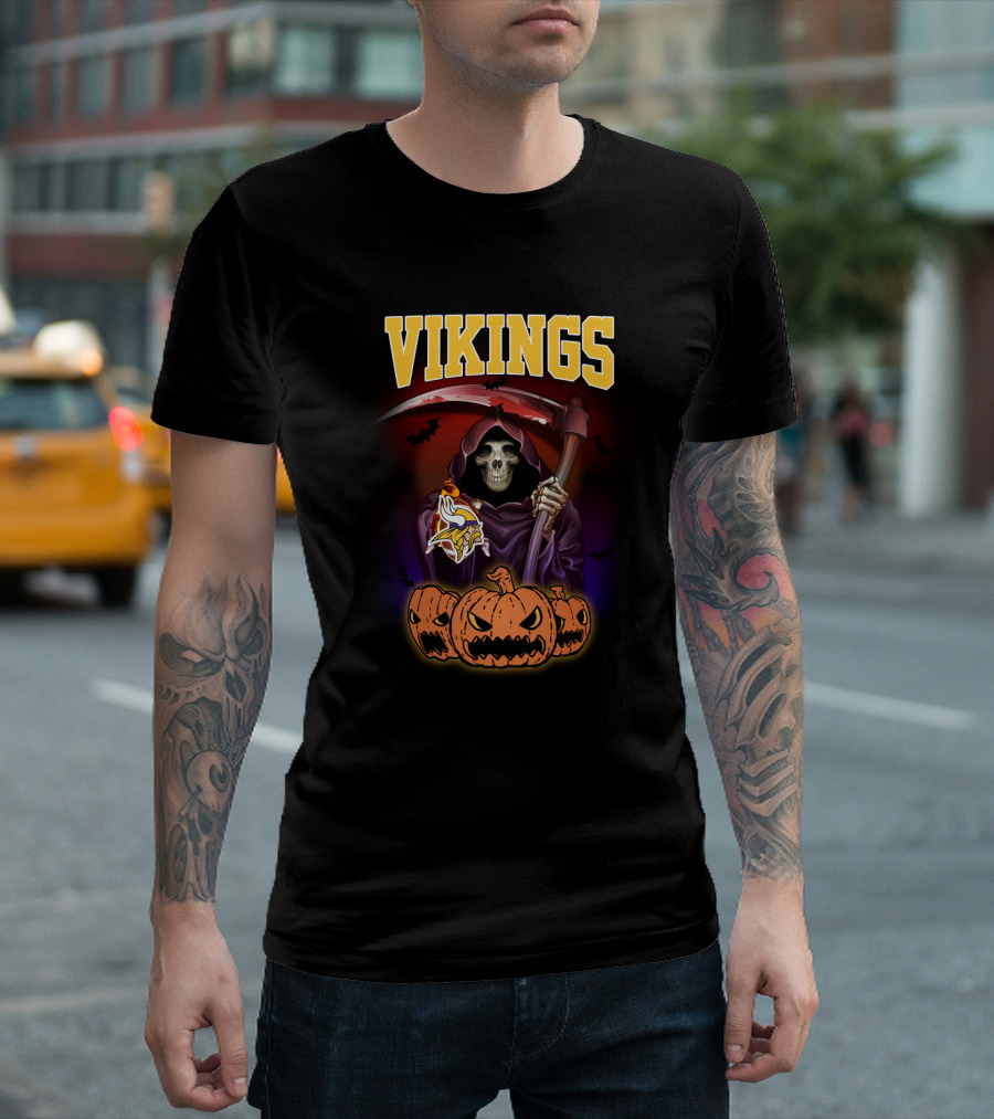 Vikings Halloween Grim Reaper with Scythe and Pumpkins Minnesota T-Shirt
