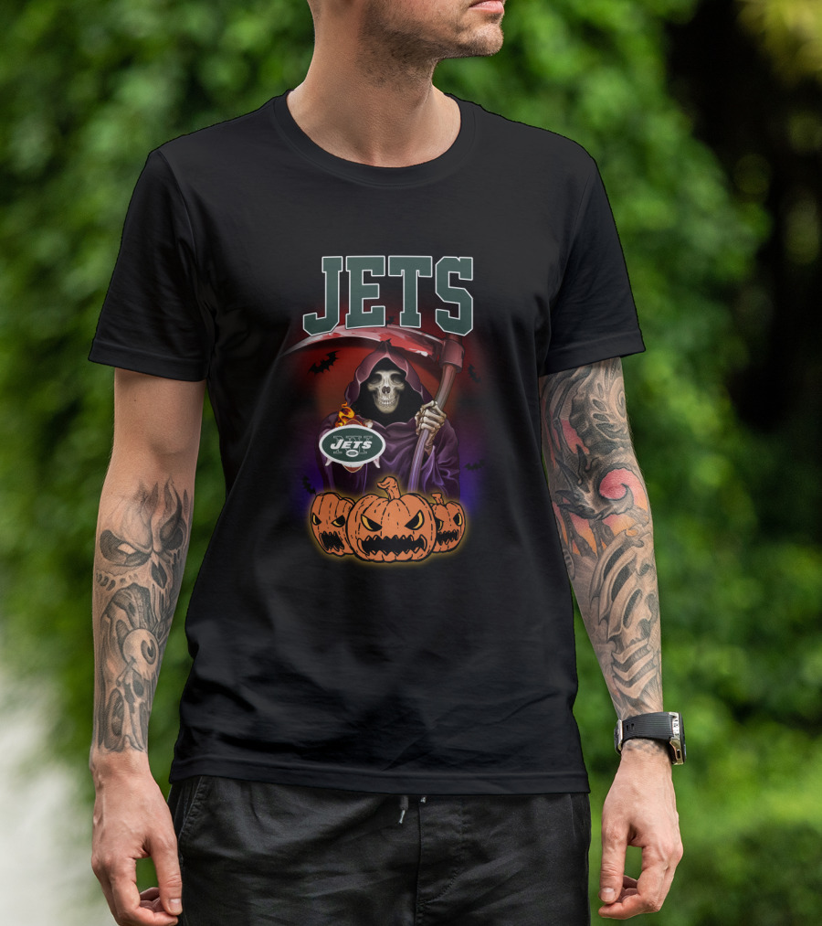 New York Jets Grim Reaper Halloween Theme With Pumpkins T-Shirt