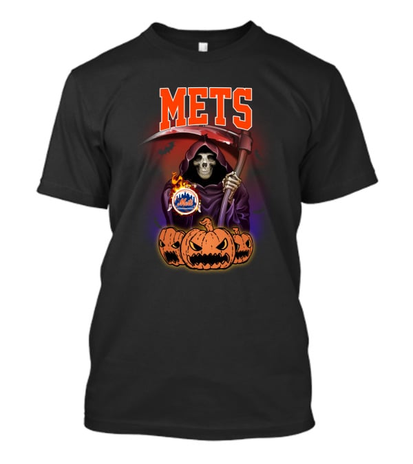 Mets Reaper Holding Flaming New York Logo Surrounded By Scary Pumpkins T-Shirt