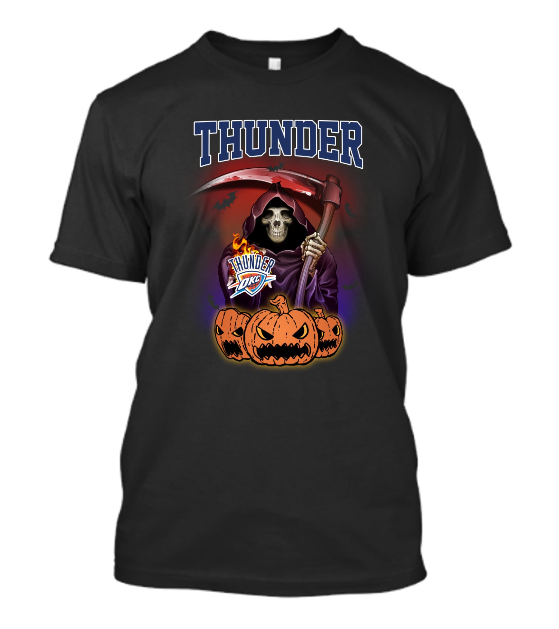 Oklahoma City Thunder Grim Reaper Halloween Theme With Pumpkins And Scythe T-Shirt
