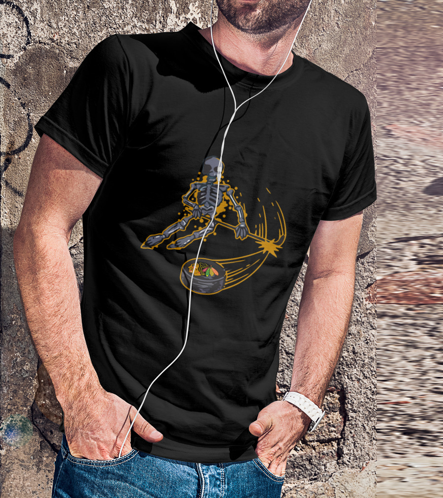 Skeleton Playing Ice Hockey With Chicago Blackhawks Puck T-Shirt