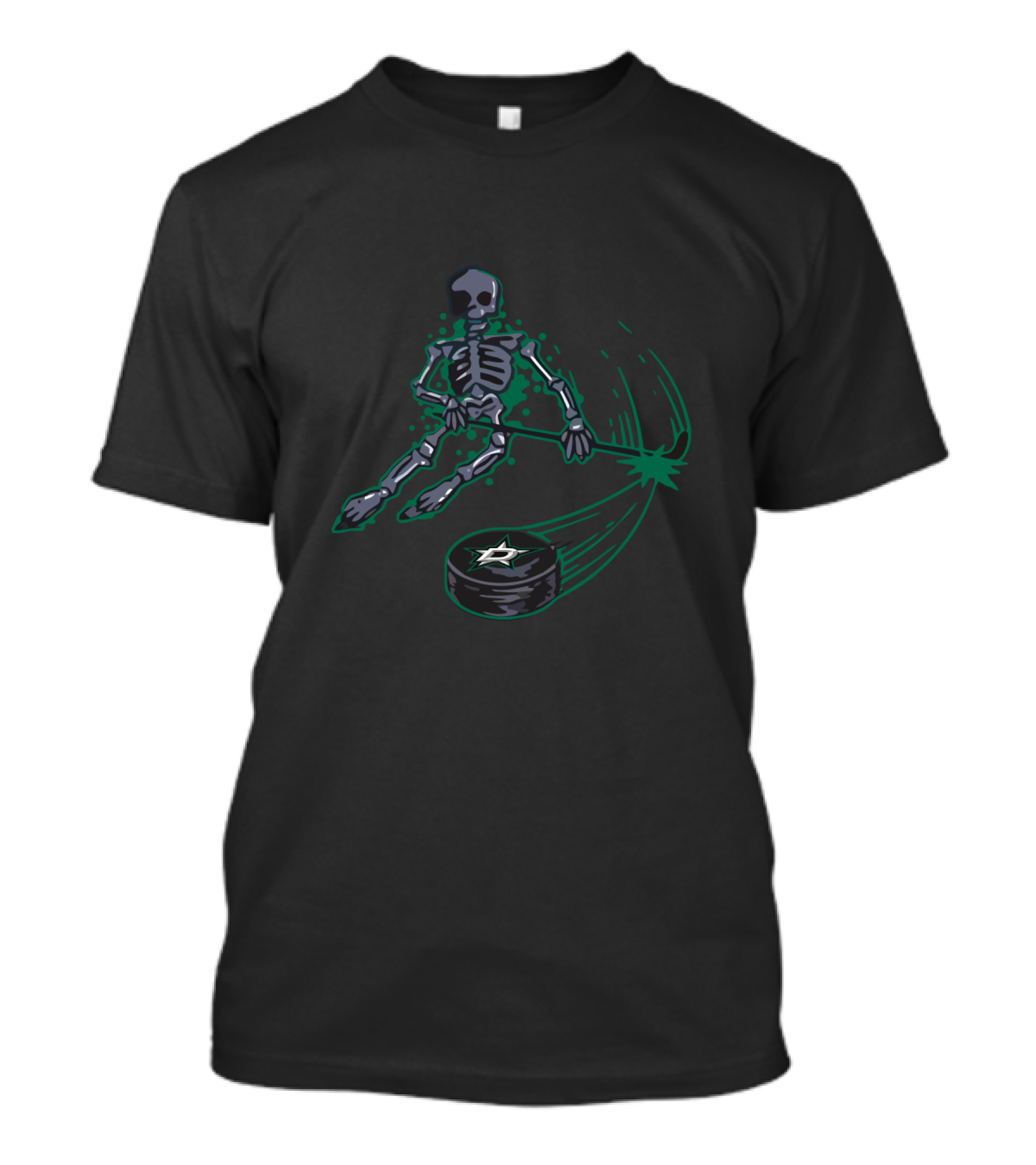 Skeleton Hockey Action With Dallas Stars Puck For Enthusiastic Fans T-Shirt