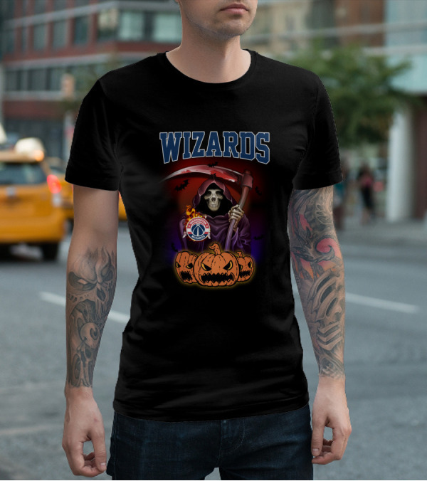 Wizards Skeleton With Scythe And Washington Wizards Logo Surrounded By Pumpkins T-Shirt