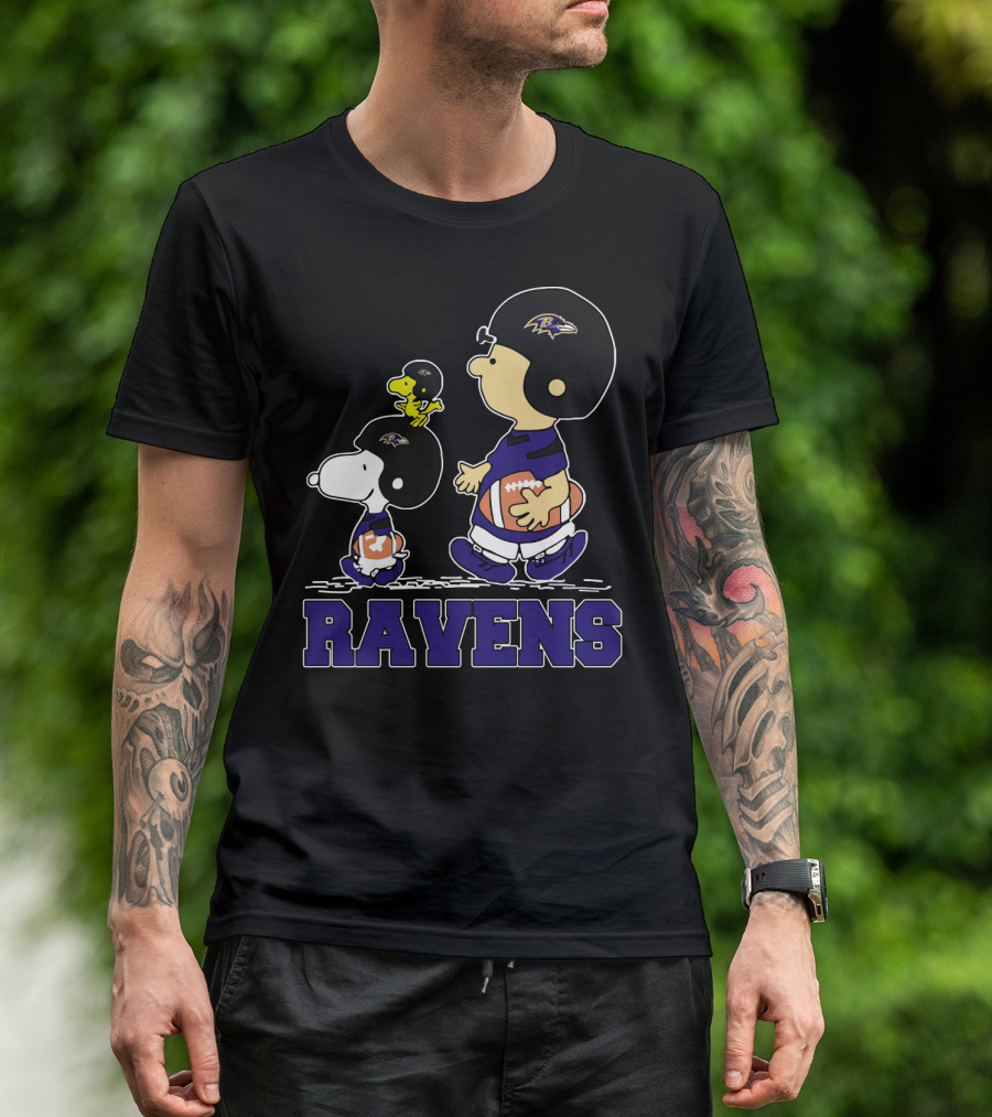 Snoopy And Friends With Baltimore Ravens Football Helmets And Jerseys T-Shirt