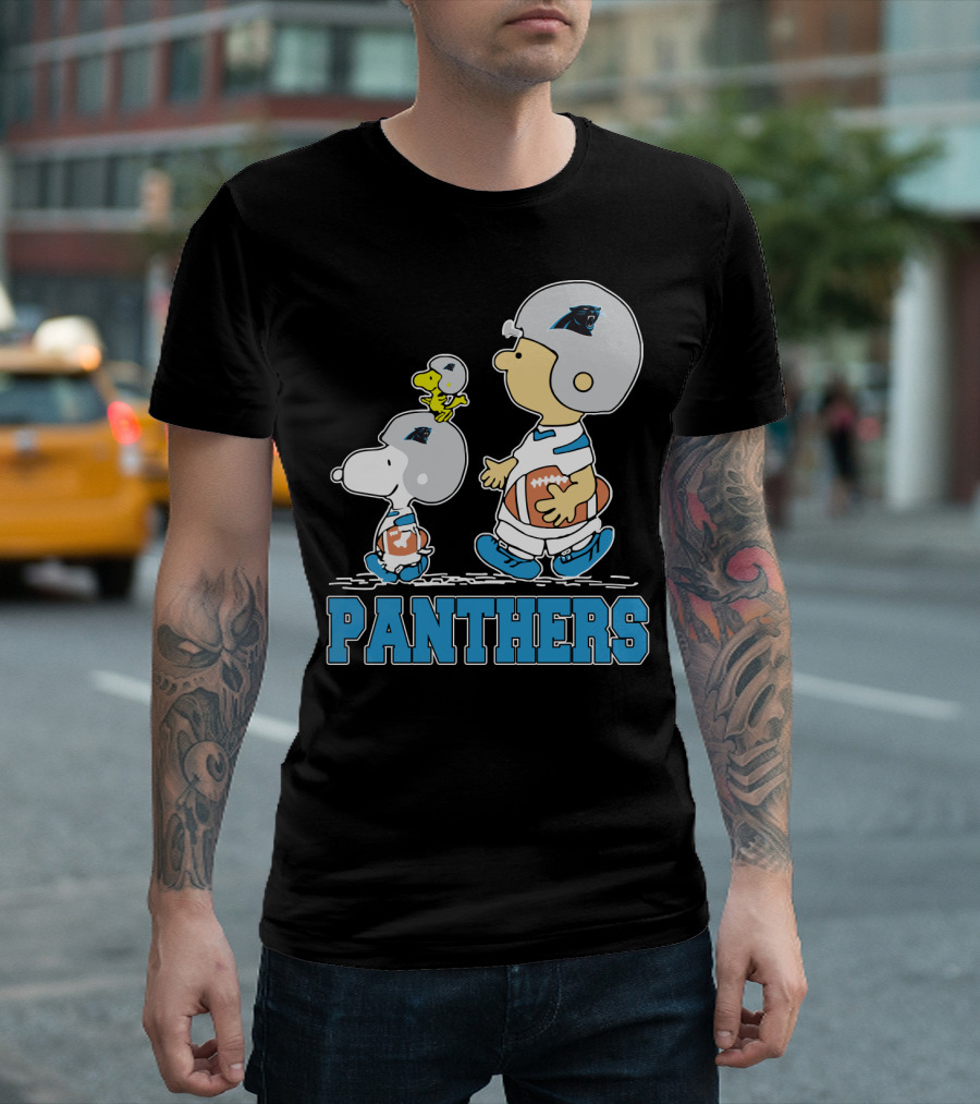 Snoopy And Woodstock With Carolina Panthers Football Helmets T-Shirt