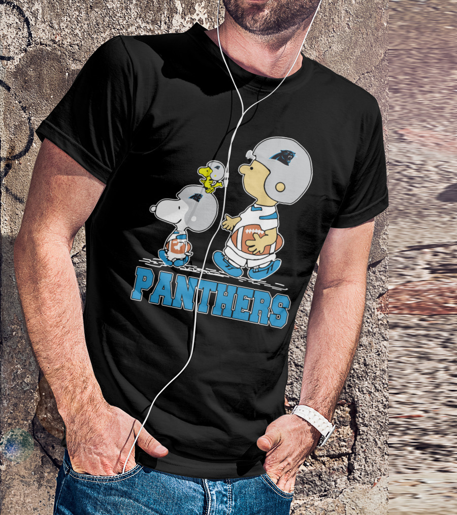Snoopy And Woodstock With Carolina Panthers Football Helmets T-Shirt