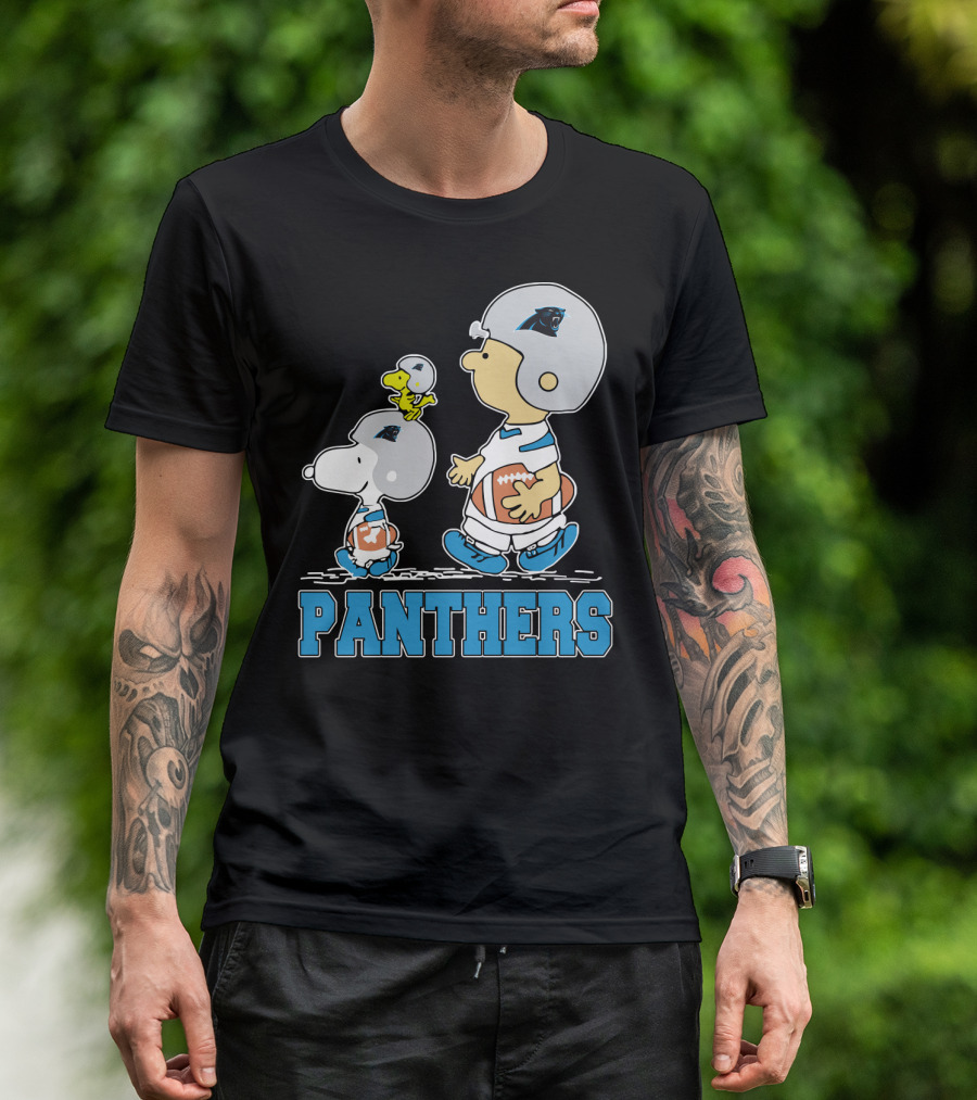 Snoopy And Woodstock With Carolina Panthers Football Helmets T-Shirt