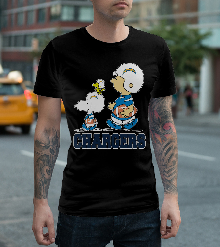 Snoopy And Woodstock With Los Angeles Chargers Football Helmets And Jersey T-Shirt