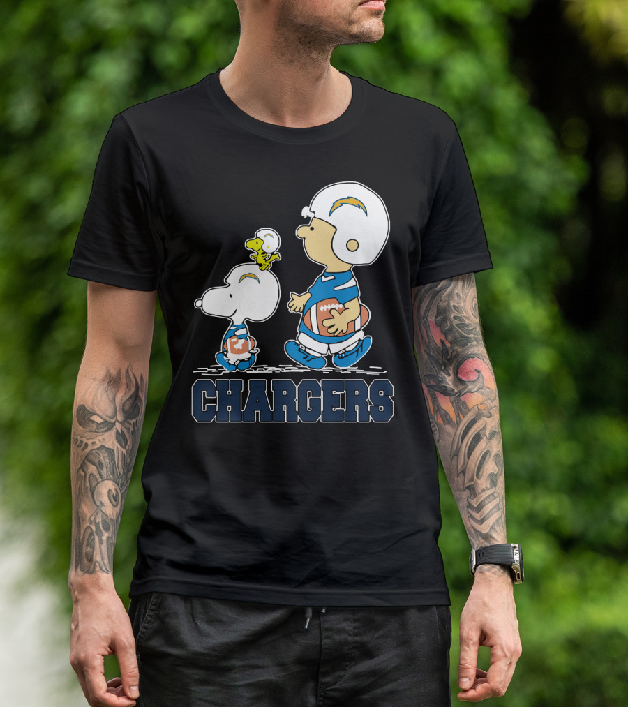 Snoopy And Woodstock With Los Angeles Chargers Football Helmets And Jersey T-Shirt