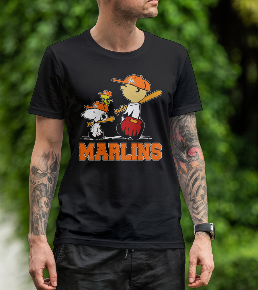 Marlins Snoopy Woodstock And Charlie Brown Baseball Fans T-Shirt