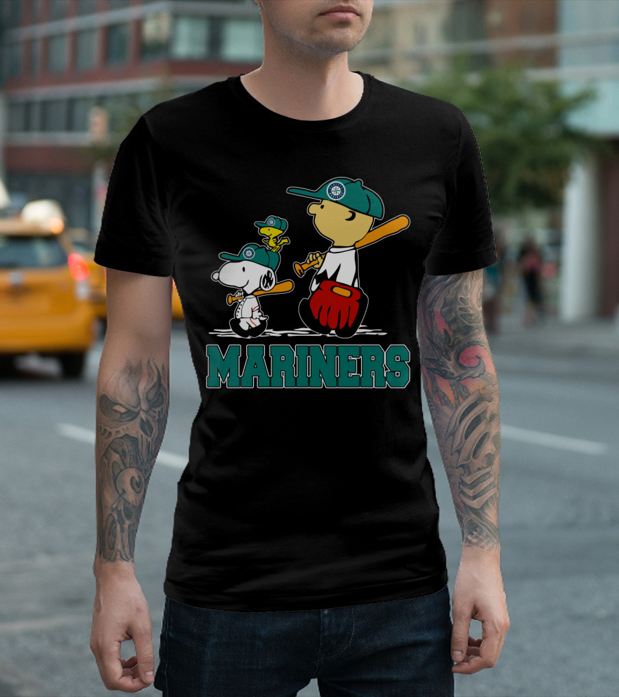Snoopy Woodstock And Seattle Mariners Peanuts Baseball T-Shirt