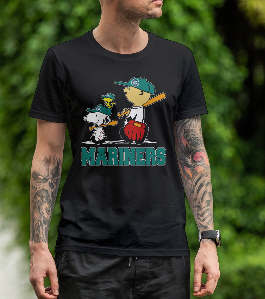 Snoopy Woodstock And Seattle Mariners Peanuts Baseball T-Shirt
