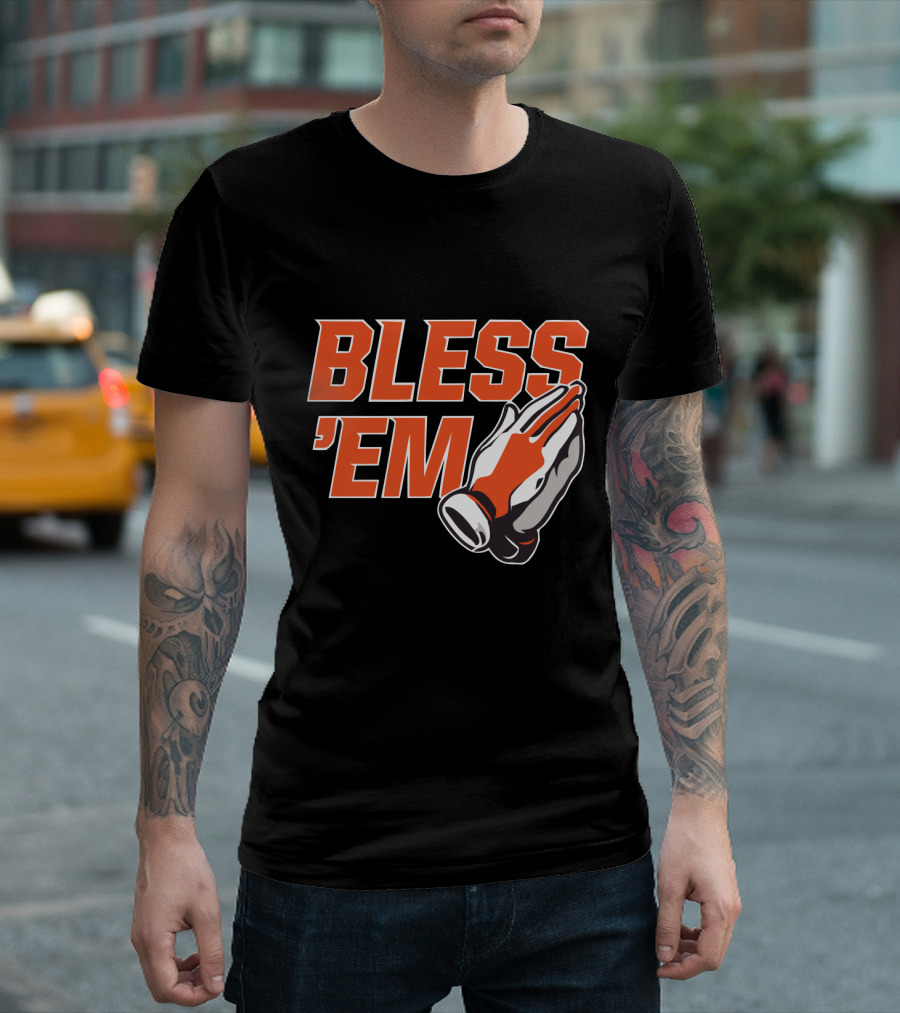 BLESS 'EM Praying Hands in Bold Orange and Black T-Shirt