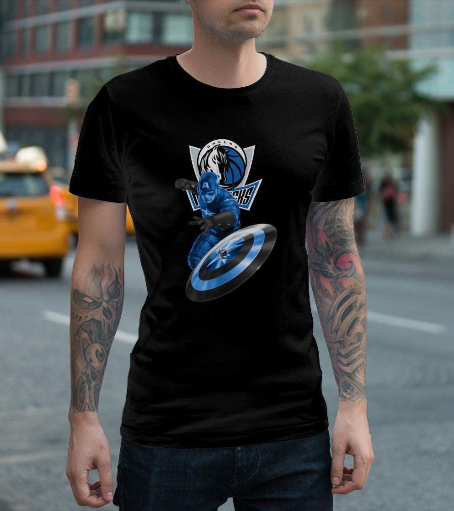 Dallas Mavericks Captain America Crossover Collaboration Featuring Iconic Shield T-Shirt
