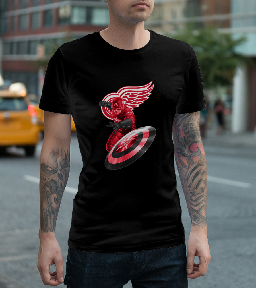 Detroit Red Wings Featuring Marvel's Captain America in Iconic Shield Pose T-Shirt