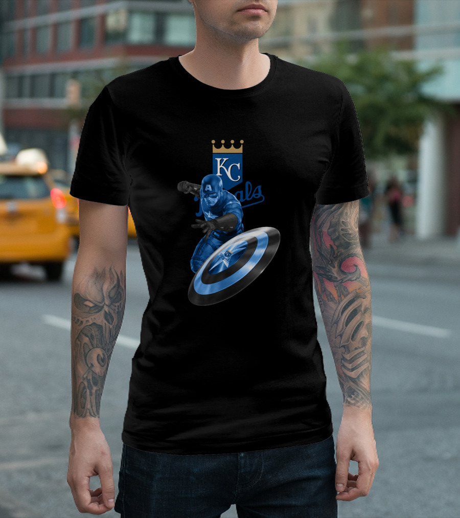 Kansas City Royals KC Logo Featuring Captain America Shield Design Blue T-Shirt