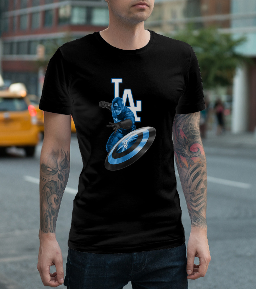 LA Dodgers Captain America Logo Collaboration with Shield T-Shirt