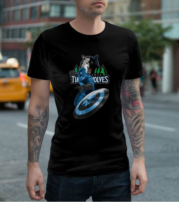 Minnesota Timberwolves Captain America Crossover With Wolf Logo And Shield T-Shirt