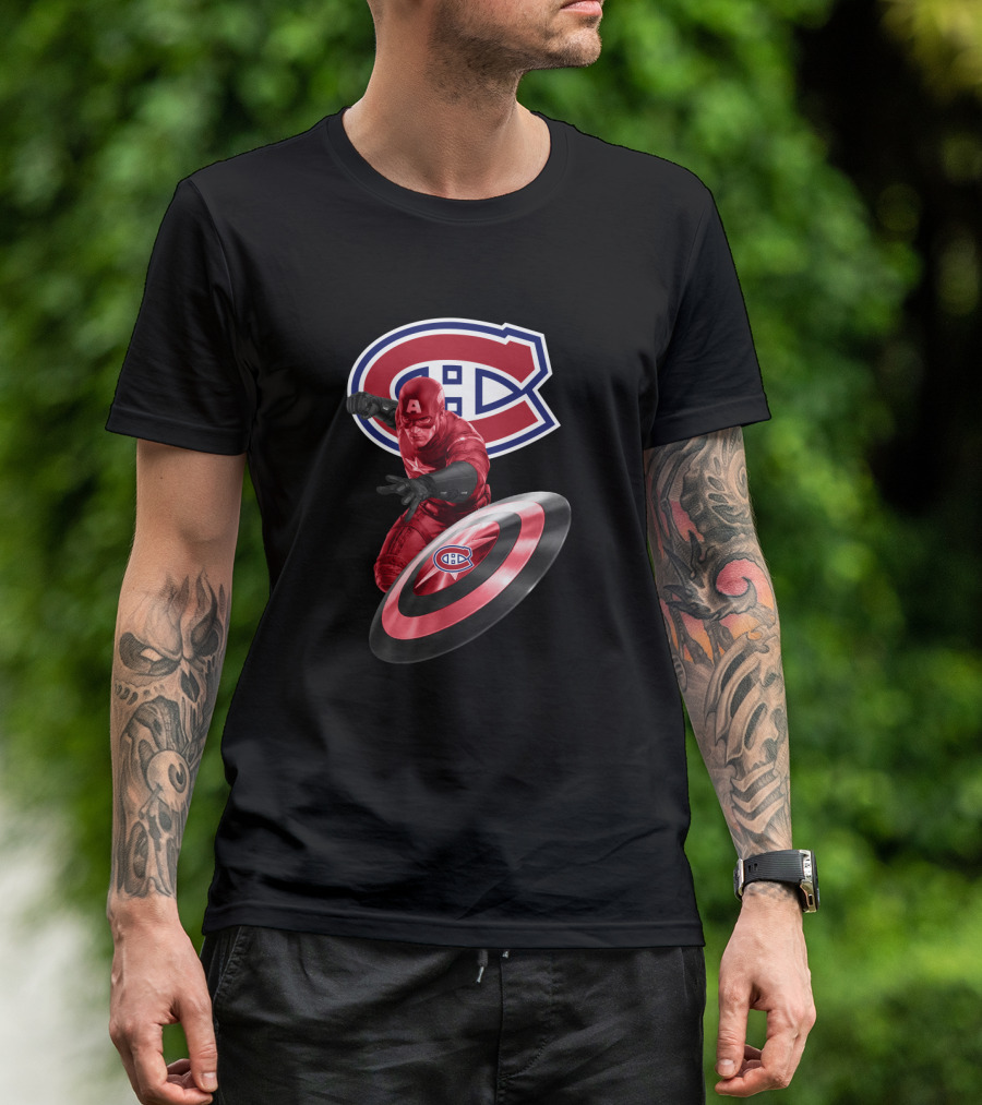 Montreal Canadiens CH Logo With Captain America And Shield Featuring CH T-Shirt