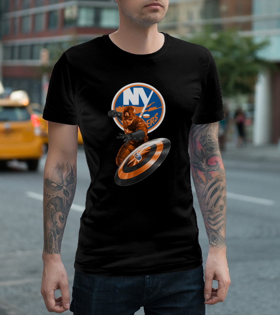 New York Islanders Captain America Collaboration Shield and Logo Graphics T-Shirt