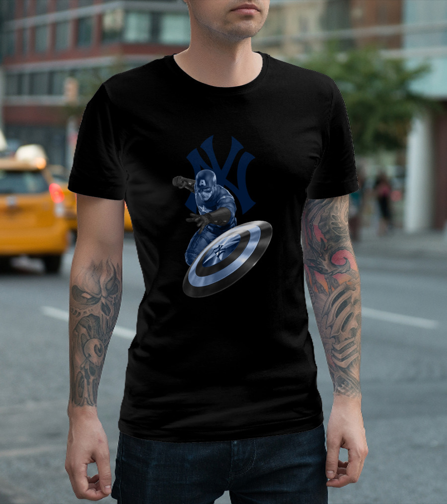 New York Yankees Captain America Crossover Shield Logo Iconic Mashup T-Shirt