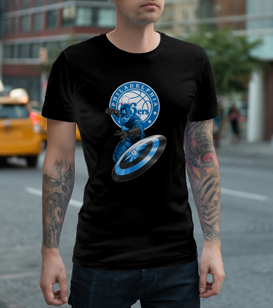Philadelphia 76ers Basketball Marvel Crossover With Captain America Shield T-Shirt