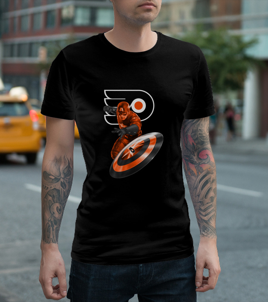 Captain America Philadelphia Flyers Crossover Shield and Logo Iconic Fusion T-Shirt