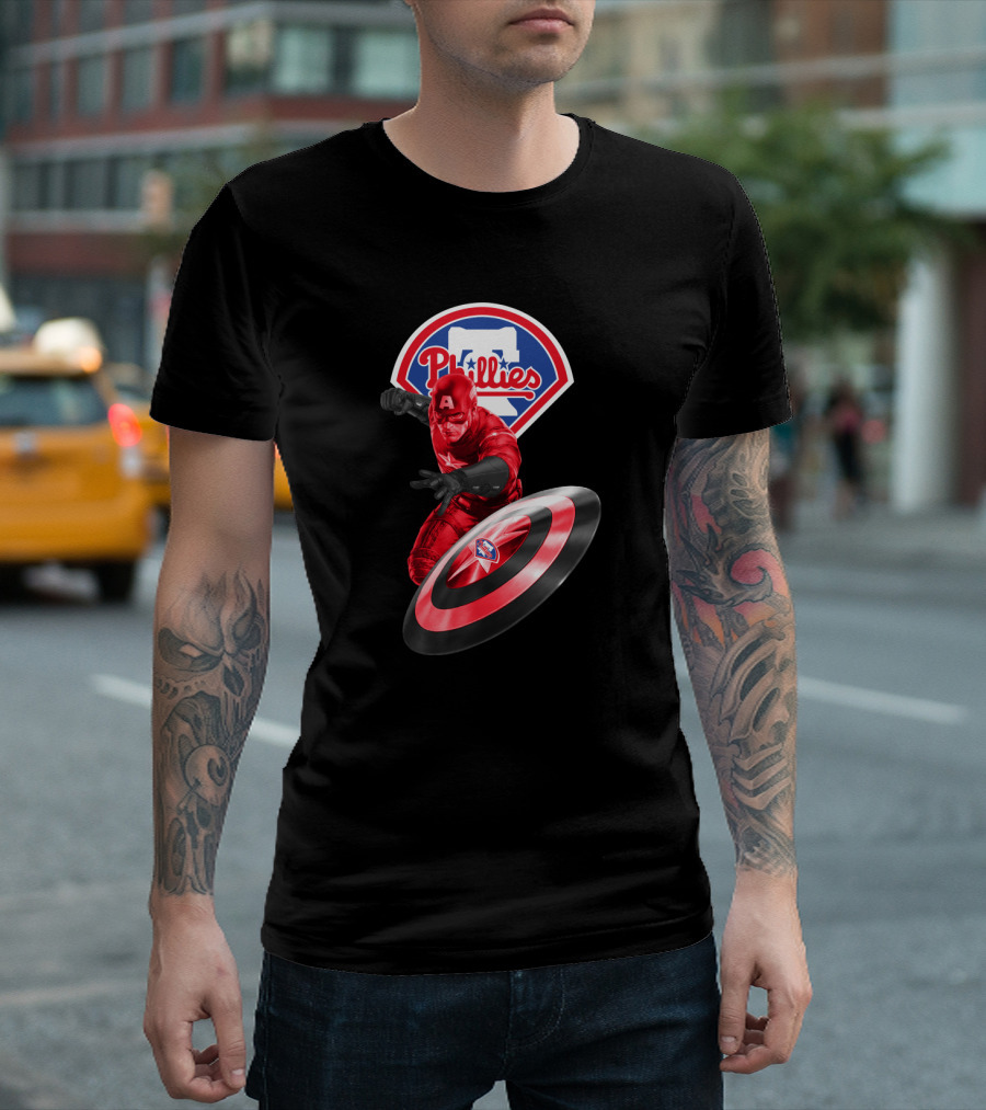 Philadelphia Phillies Marvel Collaboration Featuring Captain America Icon and Shield T-Shirt