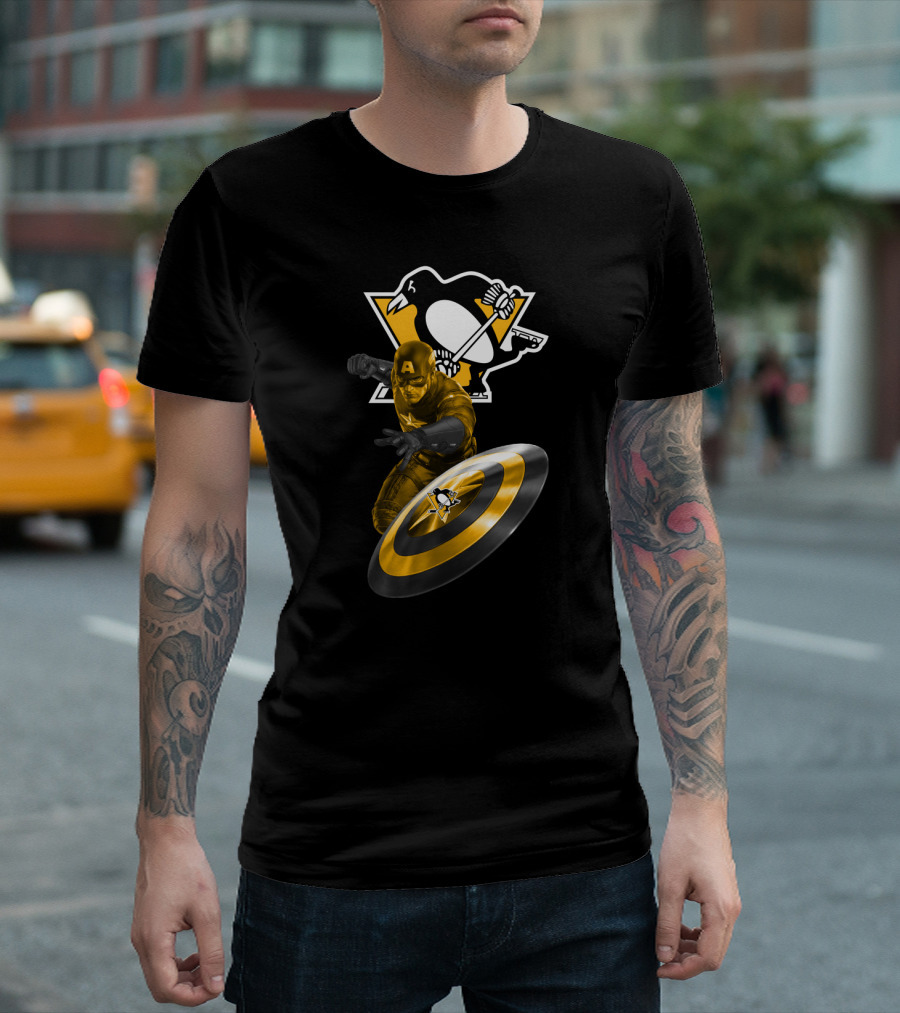 Pittsburgh Penguins Hockey Marvel Captain America Crossover Shield T-Shirt