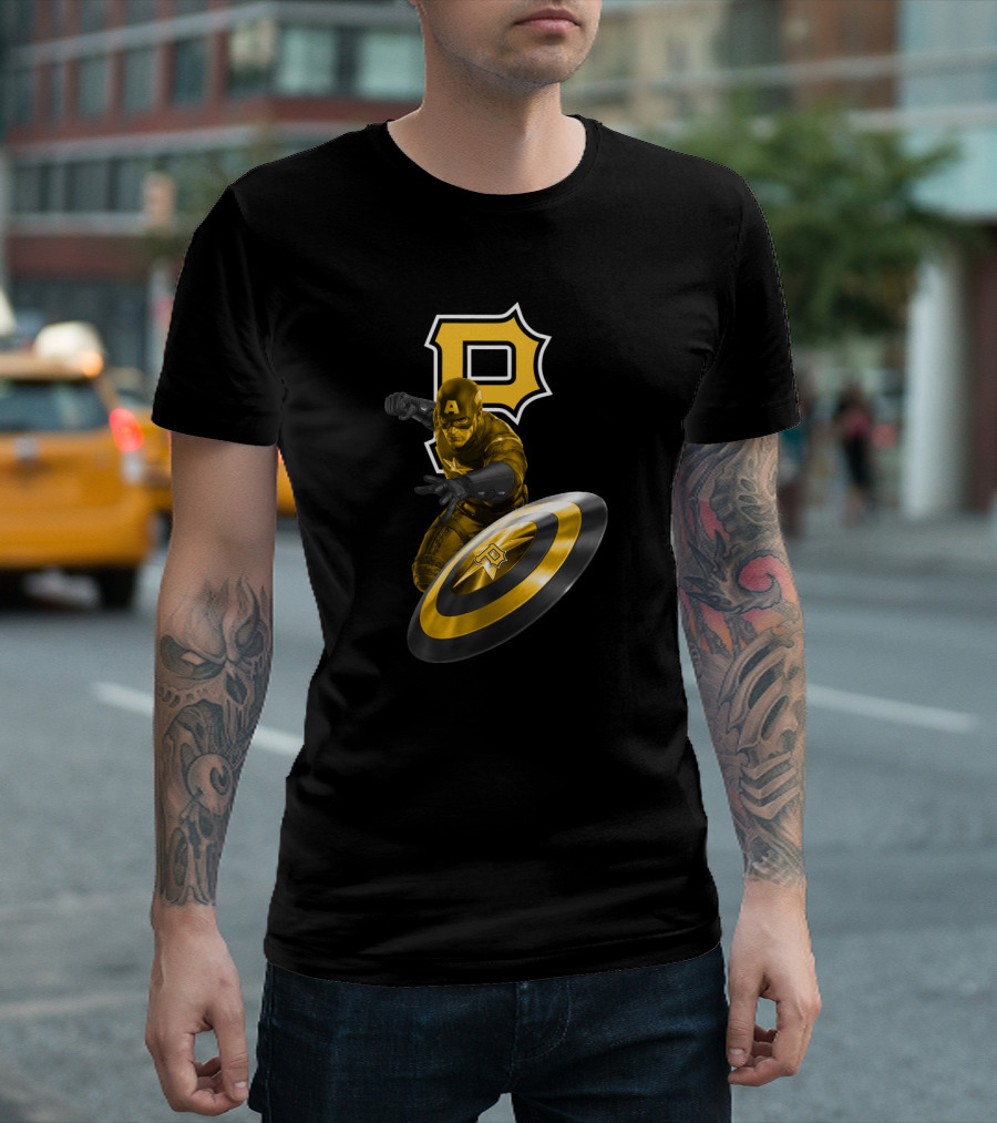 Pittsburgh Pirates Captain America Crossover with Shield and Iconic P T-Shirt