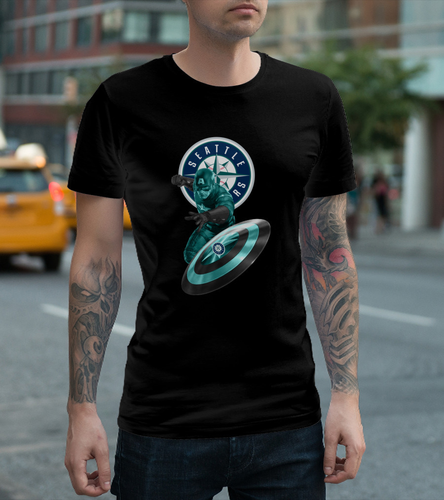 Seattle Mariners Captain America Logo Shield Crossover Baseball Superhero Collaboration T-Shirt